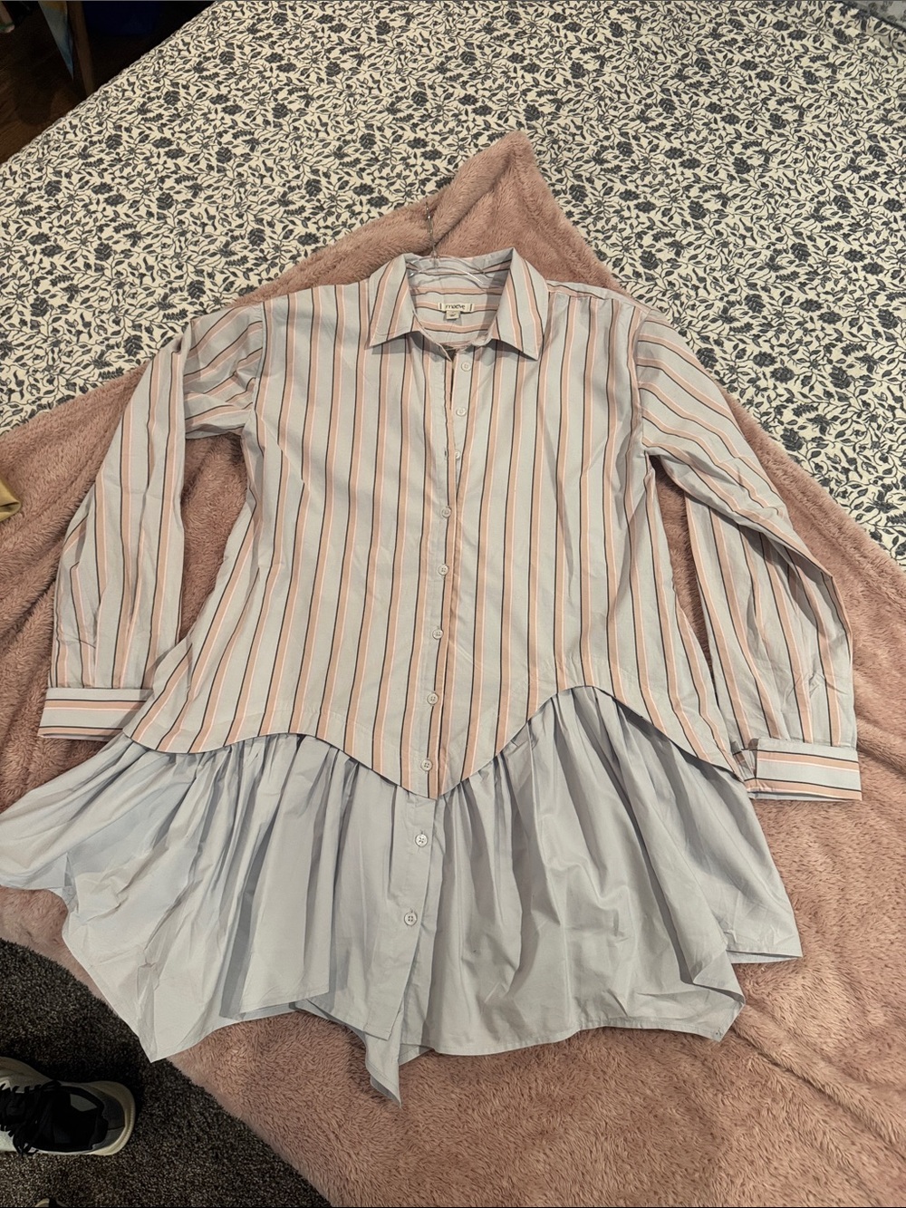 Anthropologie Pink & Blue Striped Button-Down Ruffle Hem Shirt